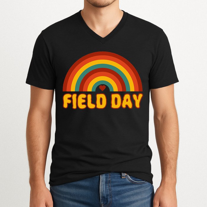 Retro field day yellow rainbow field day teachers V-Neck T-Shirt