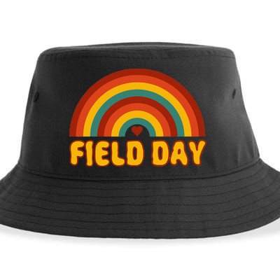 Retro field day yellow rainbow field day teachers Sustainable Bucket Hat