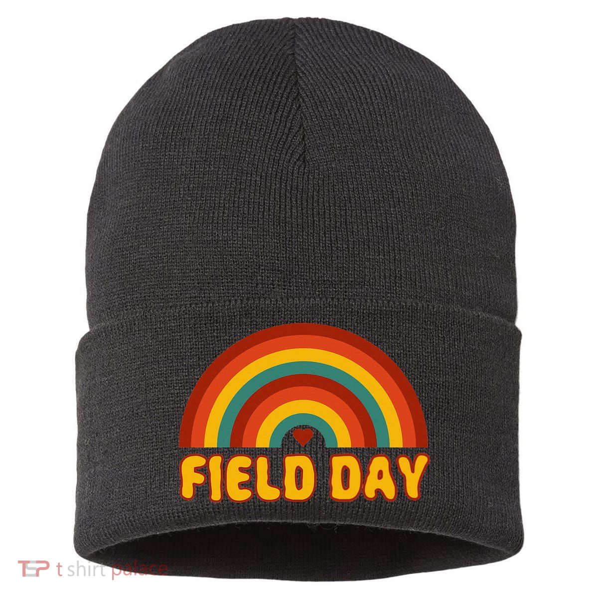 Retro field day yellow rainbow field day teachers Sustainable Knit Beanie