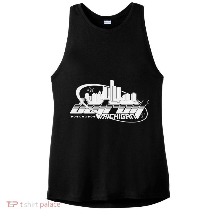 Retro Futuristic Detroit Michigan Skyline Logo Ladies PosiCharge Tri-Blend Wicking Tank