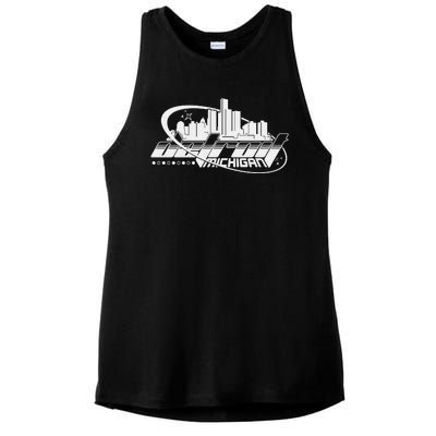 Retro Futuristic Detroit Michigan Skyline Logo Ladies PosiCharge Tri-Blend Wicking Tank