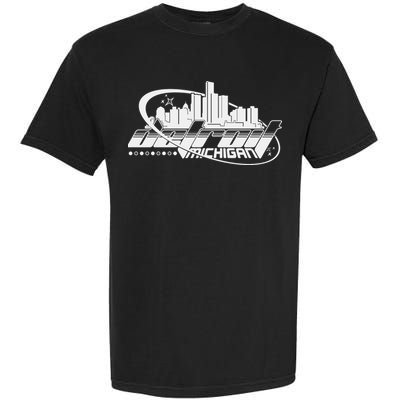 Retro Futuristic Detroit Michigan Skyline Logo Garment-Dyed Heavyweight T-Shirt