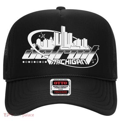 Retro Futuristic Detroit Michigan Skyline Logo High Crown Mesh Back Trucker Hat
