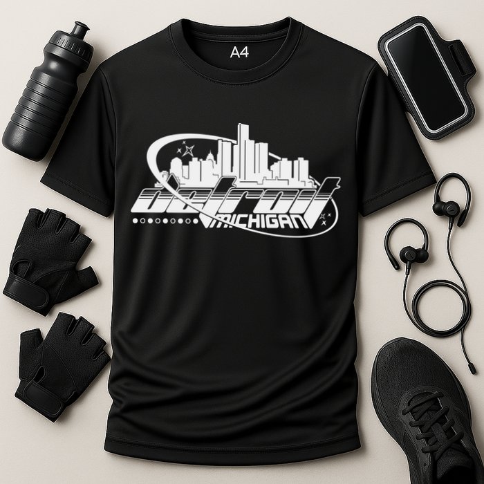 Retro Futuristic Detroit Michigan Skyline Logo Performance Shirt