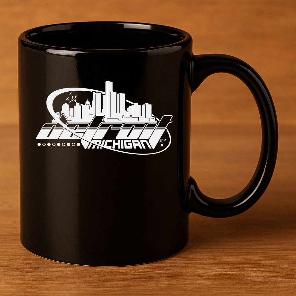 Retro Futuristic Detroit Michigan Skyline Logo 11oz C Handle Ceramic Mug