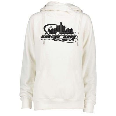 Retro Futuristic Detroit Michigan Skyline Logo Womens Funnel Neck Pullover Hood