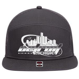 Retro Futuristic Detroit Michigan Skyline Logo 7 Panel Mesh Trucker Snapback Hat