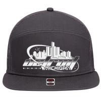 Retro Futuristic Detroit Michigan Skyline Logo 7 Panel Mesh Trucker Snapback Hat