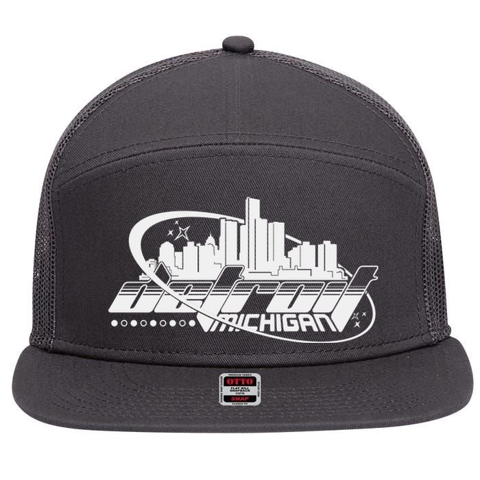 Retro Futuristic Detroit Michigan Skyline Logo 7 Panel Mesh Trucker Snapback Hat