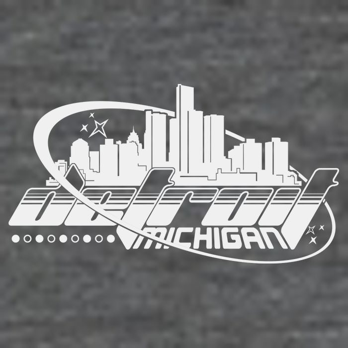 Retro Futuristic Detroit Michigan Skyline Logo 7 Panel Mesh Trucker Snapback Hat
