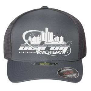 Retro Futuristic Detroit Michigan Skyline Logo Flexfit Unipanel Trucker Cap