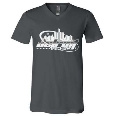 Retro Futuristic Detroit Michigan Skyline Logo V-Neck T-Shirt
