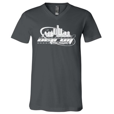 Retro Futuristic Detroit Michigan Skyline Logo V-Neck T-Shirt