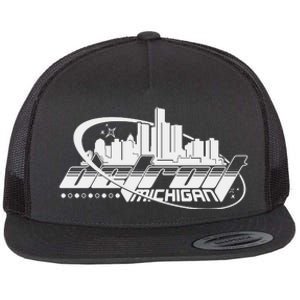 Retro Futuristic Detroit Michigan Skyline Logo Flat Bill Trucker Hat