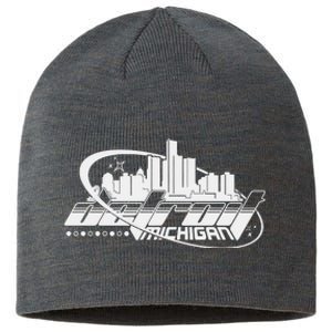 Retro Futuristic Detroit Michigan Skyline Logo Sustainable Beanie