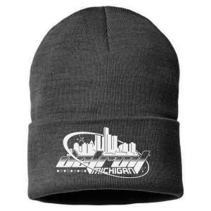 Retro Futuristic Detroit Michigan Skyline Logo Sustainable Knit Beanie