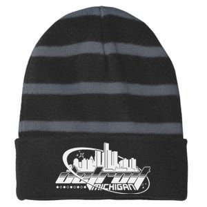 Retro Futuristic Detroit Michigan Skyline Logo Striped Beanie with Solid Band