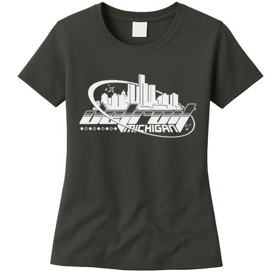 Retro Futuristic Detroit Michigan Skyline Logo Womens T-Shirt