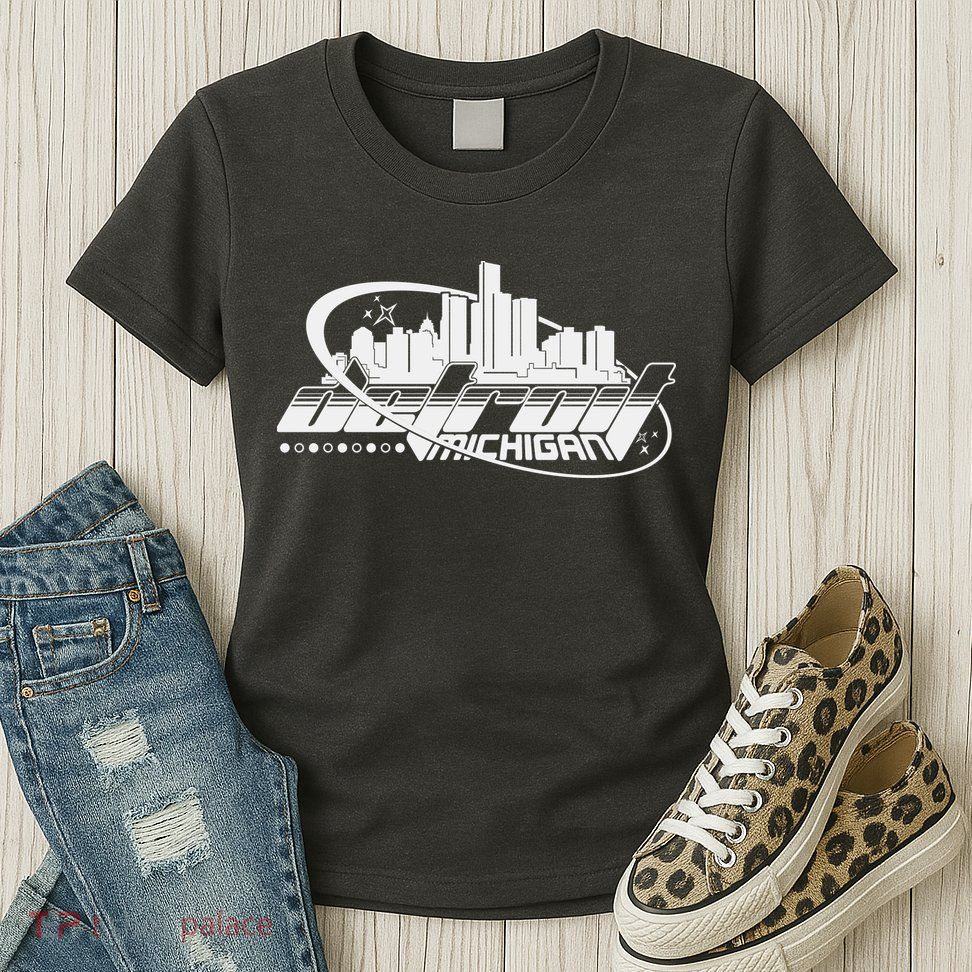Retro Futuristic Detroit Michigan Skyline Logo Womens T-Shirt