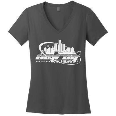 Retro Futuristic Detroit Michigan Skyline Logo Women's V-Neck T-Shirt