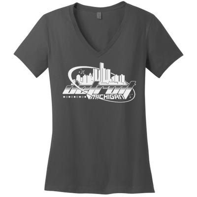 Retro Futuristic Detroit Michigan Skyline Logo Women's V-Neck T-Shirt