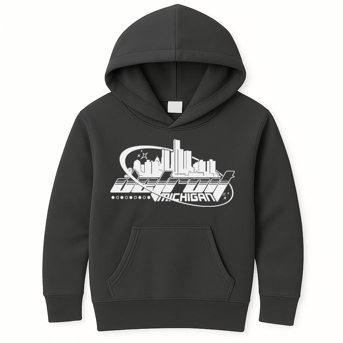 Retro Futuristic Detroit Michigan Skyline Logo Kids Hoodie