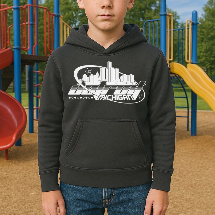 Retro Futuristic Detroit Michigan Skyline Logo Kids Hoodie