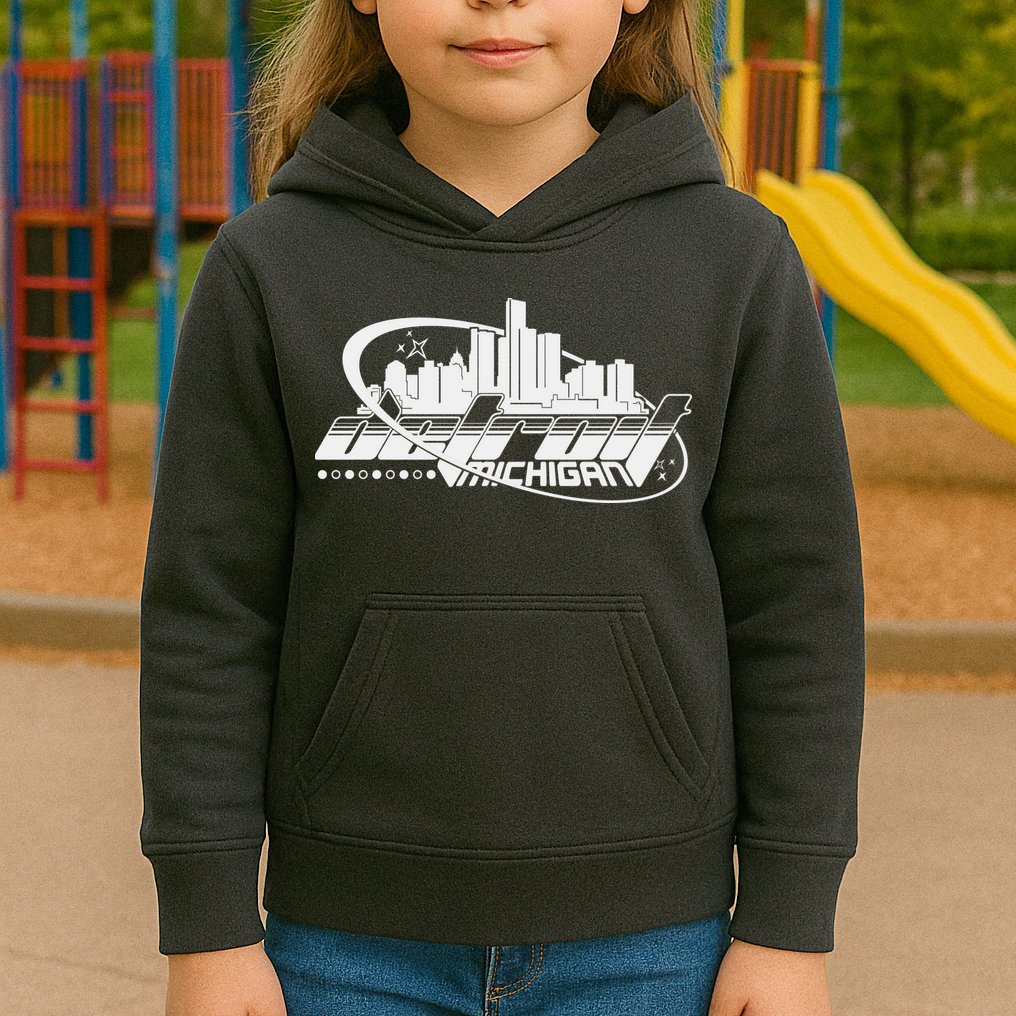 Retro Futuristic Detroit Michigan Skyline Logo Kids Hoodie