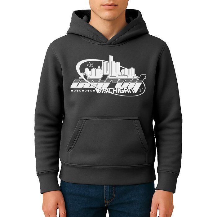 Retro Futuristic Detroit Michigan Skyline Logo Kids Hoodie
