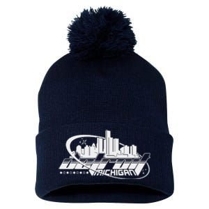 Retro Futuristic Detroit Michigan Skyline Logo Pom Pom 12in Knit Beanie