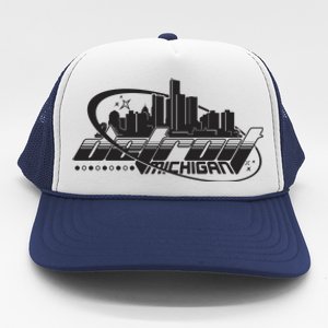 Retro Futuristic Detroit Michigan Skyline Logo Trucker Hat