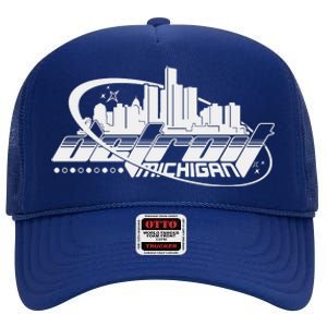 Retro Futuristic Detroit Michigan Skyline Logo High Crown Mesh Back Trucker Hat