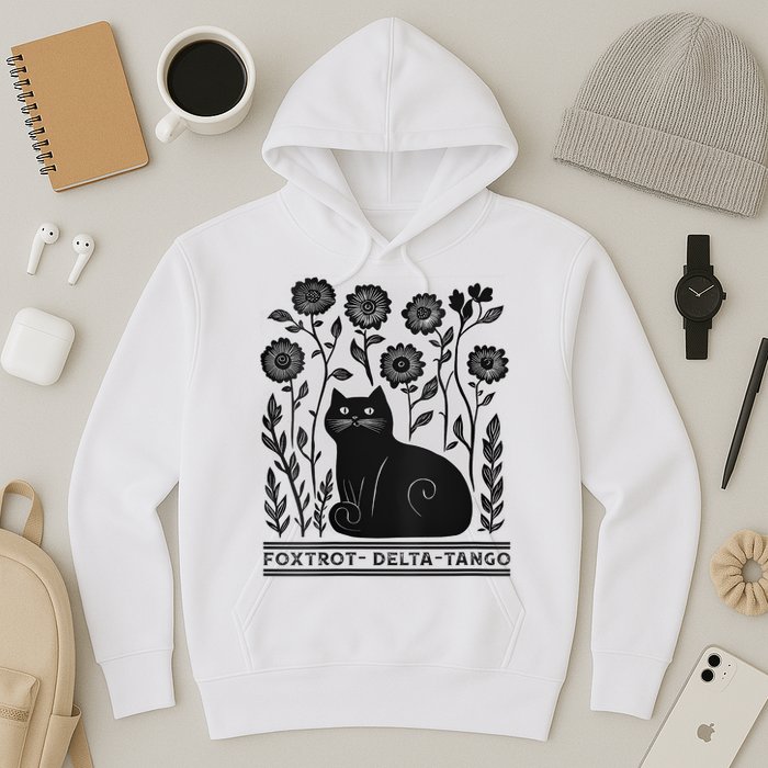 Retro Foxtrots Deltas Tangos Flower Art Cat In Flowers V-Neck Hoodie