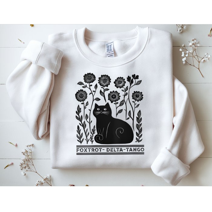 Retro Foxtrots Deltas Tangos Flower Art Cat In Flowers V-Neck Sweatshirt