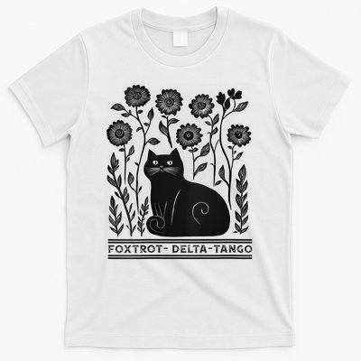 Retro Foxtrots Deltas Tangos Flower Art Cat In Flowers V-Neck T-Shirt
