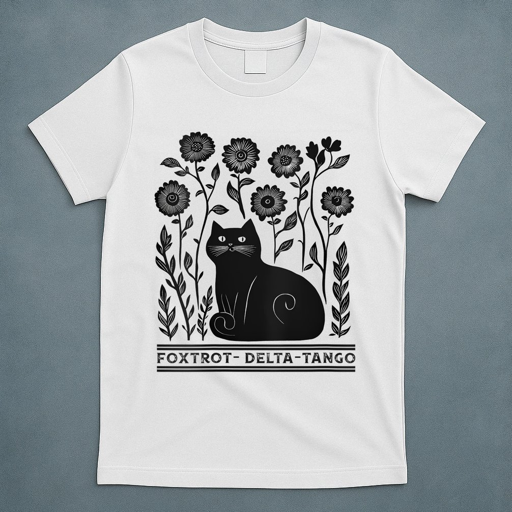 Retro Foxtrots Deltas Tangos Flower Art Cat In Flowers V-Neck T-Shirt
