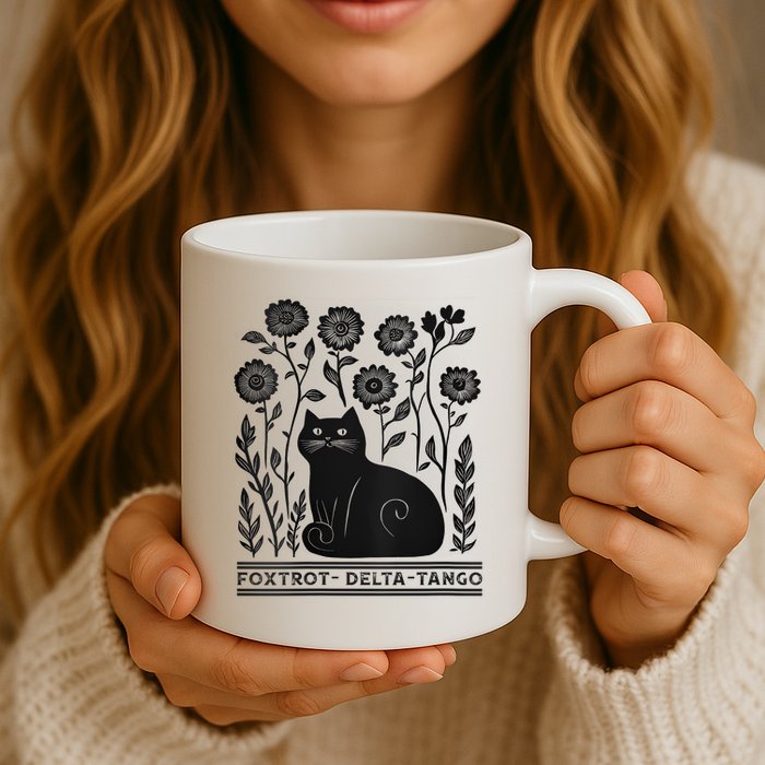 Retro Foxtrots Deltas Tangos Flower Art Cat In Flowers V-Neck Mug