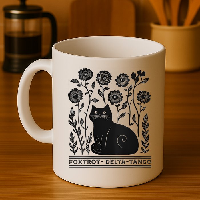 Retro Foxtrots Deltas Tangos Flower Art Cat In Flowers V-Neck Mug