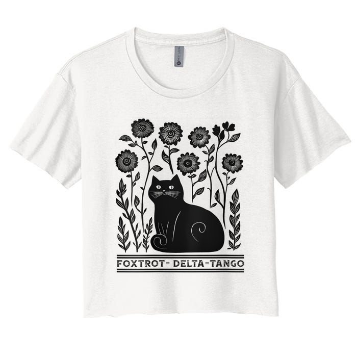 Retro Foxtrots Deltas Tangos Flower Art Cat In Flowers V-Neck Crop Top
