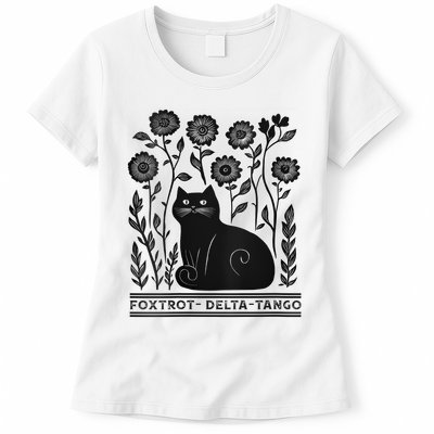 Retro Foxtrots Deltas Tangos Flower Art Cat In Flowers V-Neck Womens T-Shirt