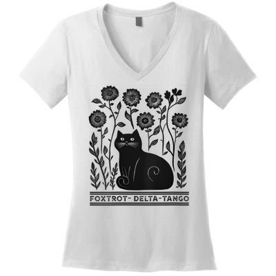 Retro Foxtrots Deltas Tangos Flower Art Cat In Flowers V-Neck Women's V-Neck T-Shirt