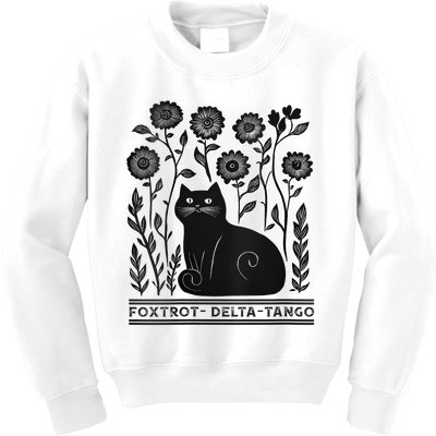 Retro Foxtrots Deltas Tangos Flower Art Cat In Flowers V-Neck Kids Sweatshirt