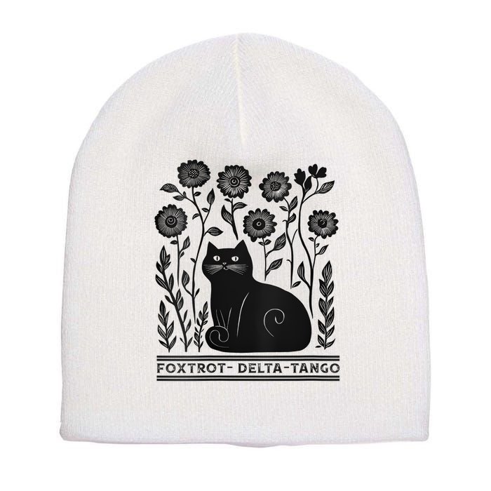 Retro Foxtrots Deltas Tangos Flower Art Cat In Flowers V-Neck Short Acrylic Beanie