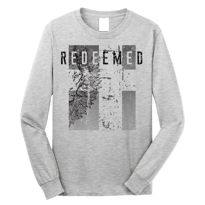 Redeemed Faded Distressed Grunge Lion With Cross Christian Long Sleeve Shirt