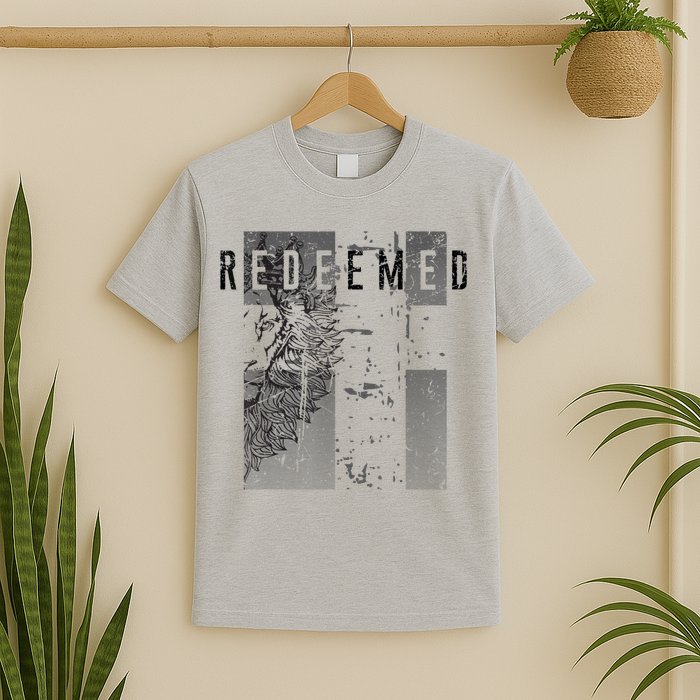 Redeemed Faded Distressed Grunge Lion With Cross Christian T-Shirt