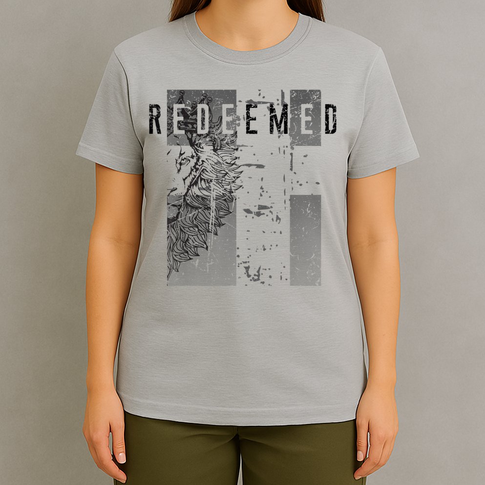 Redeemed Faded Distressed Grunge Lion With Cross Christian T-Shirt