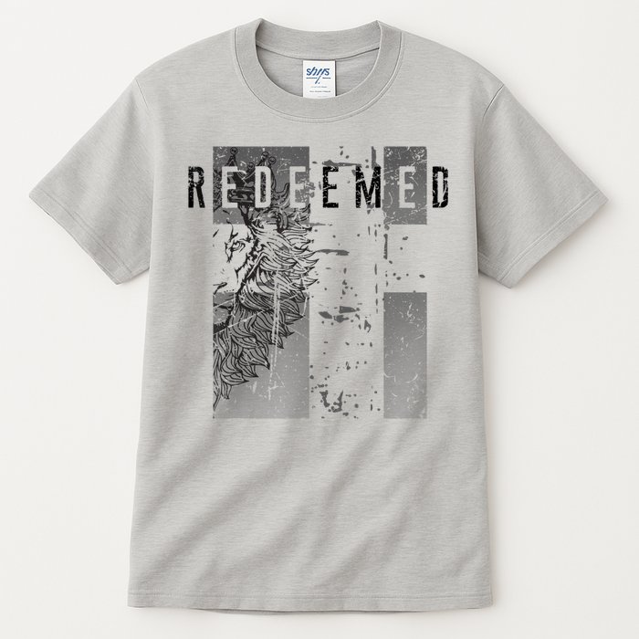 Redeemed Faded Distressed Grunge Lion With Cross Christian Tall T-Shirt