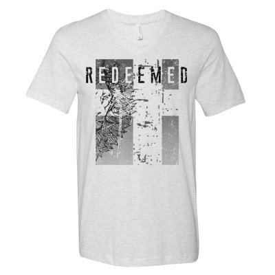 Redeemed Faded Distressed Grunge Lion With Cross Christian V-Neck T-Shirt