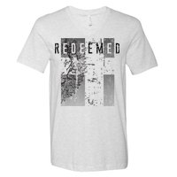 Redeemed Faded Distressed Grunge Lion With Cross Christian V-Neck T-Shirt