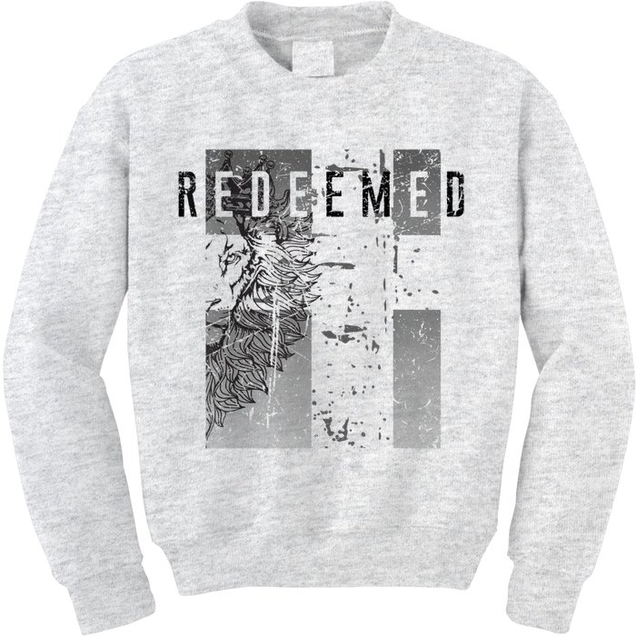 Redeemed Faded Distressed Grunge Lion With Cross Christian Kids Sweatshirt